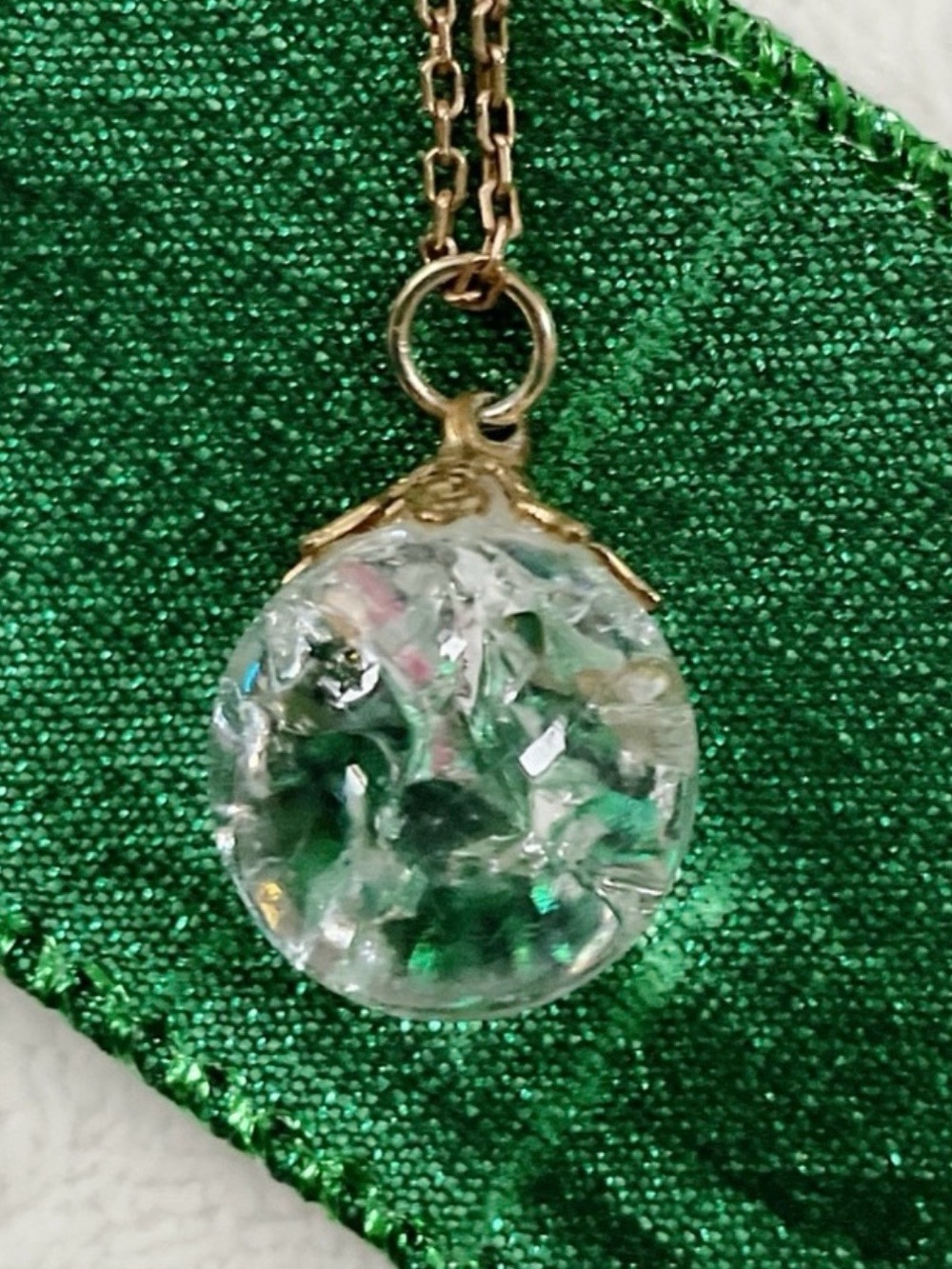 Vintage Crackle Glass Orb Pendant 12K Gold Filled Necklace